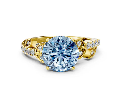 Yellow gold Fancy Blue Round Cut Solitaire Leaf-Inspired Diamond Ring with Pavé Band and Four-Prong Setting