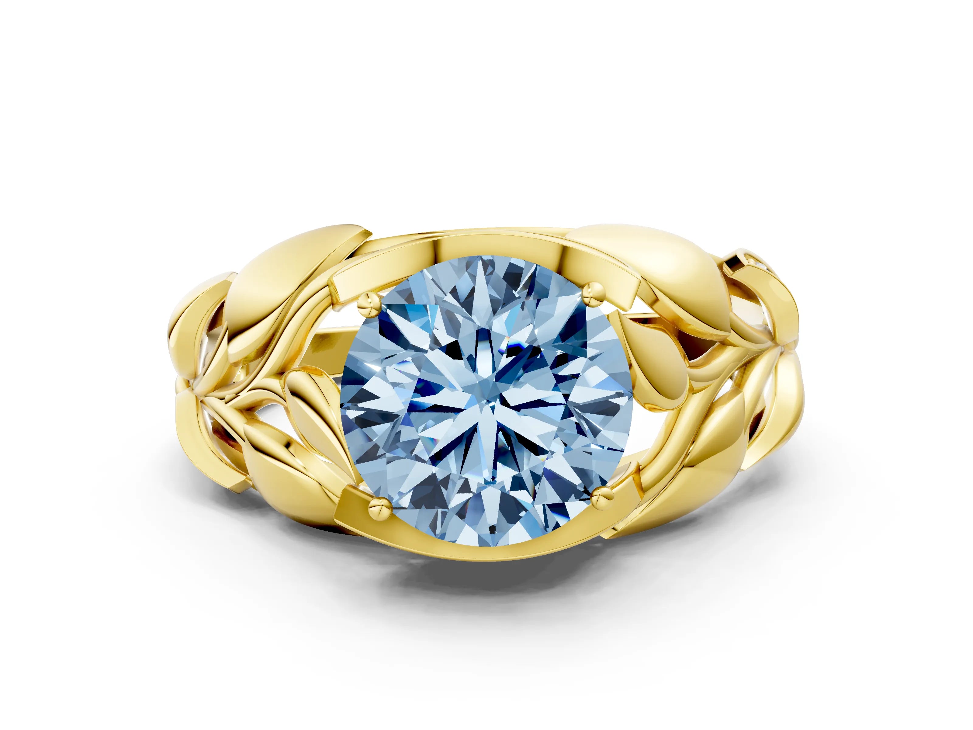 Yellow gold Fancy Blue Round Cut Solitaire Leaf-Inspired Engagement Ring with Prong Setting