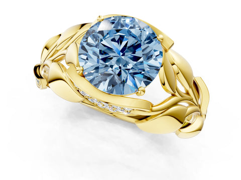 Yellow gold Fancy Blue Round Cut Solitaire Leaf-Inspired Engagement Ring with Prong Setting_1