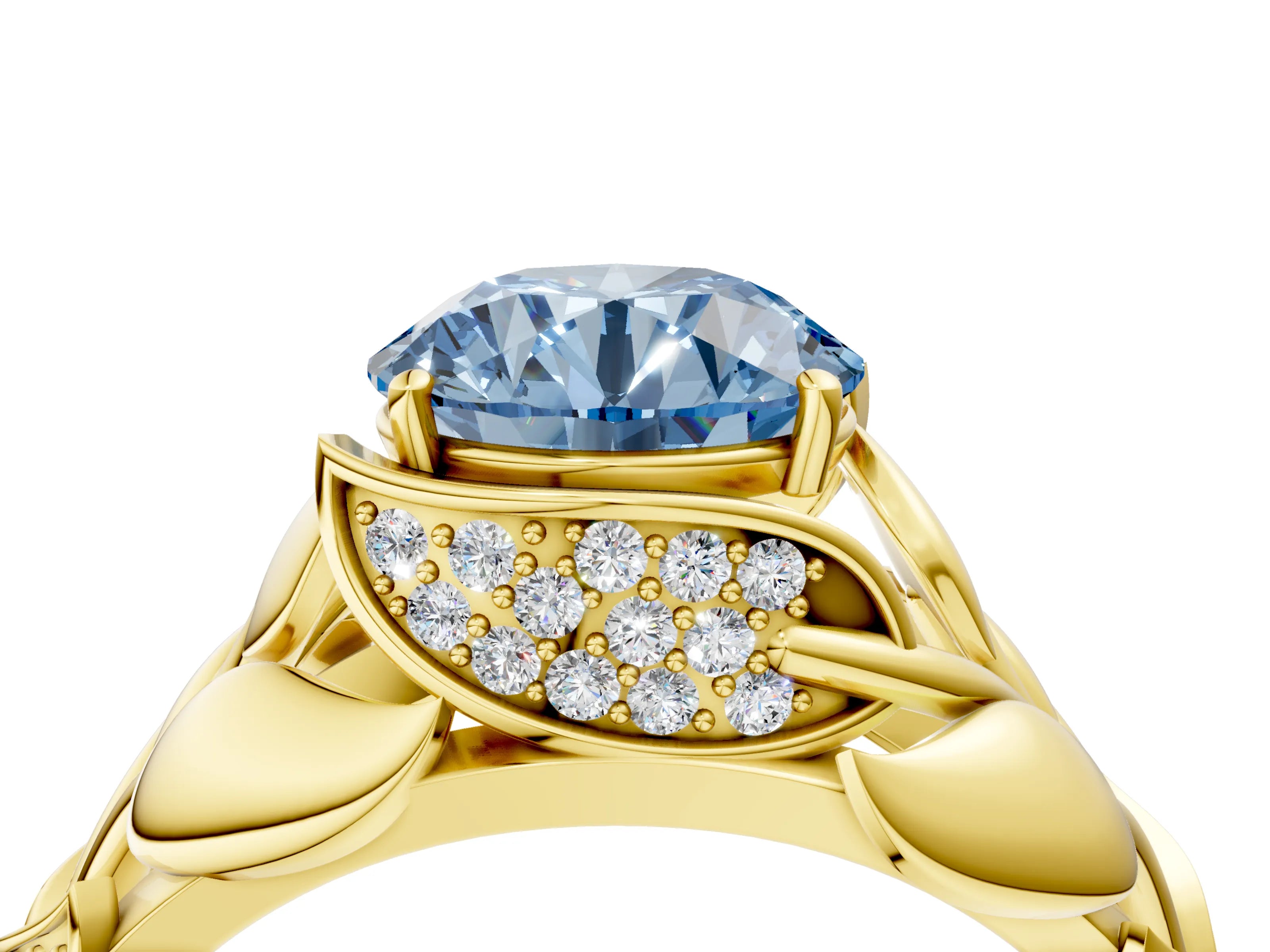 Yellow gold Fancy Blue Round Cut Solitaire Leaf-Inspired Engagement Ring with Prong Setting_4