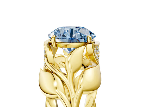 Yellow gold Fancy Blue Round Cut Solitaire Leaf-Inspired Engagement Ring with Prong Setting_5