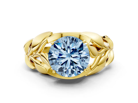 Yellow gold Fancy Blue Round Cut Solitaire Leaf-Inspired Engagement Ring with Prong Setting