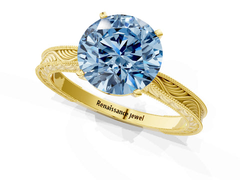 Yellow gold Fancy Blue Round Cut Solitaire Milgrain Engraved Band with Four-Prong Setting_1