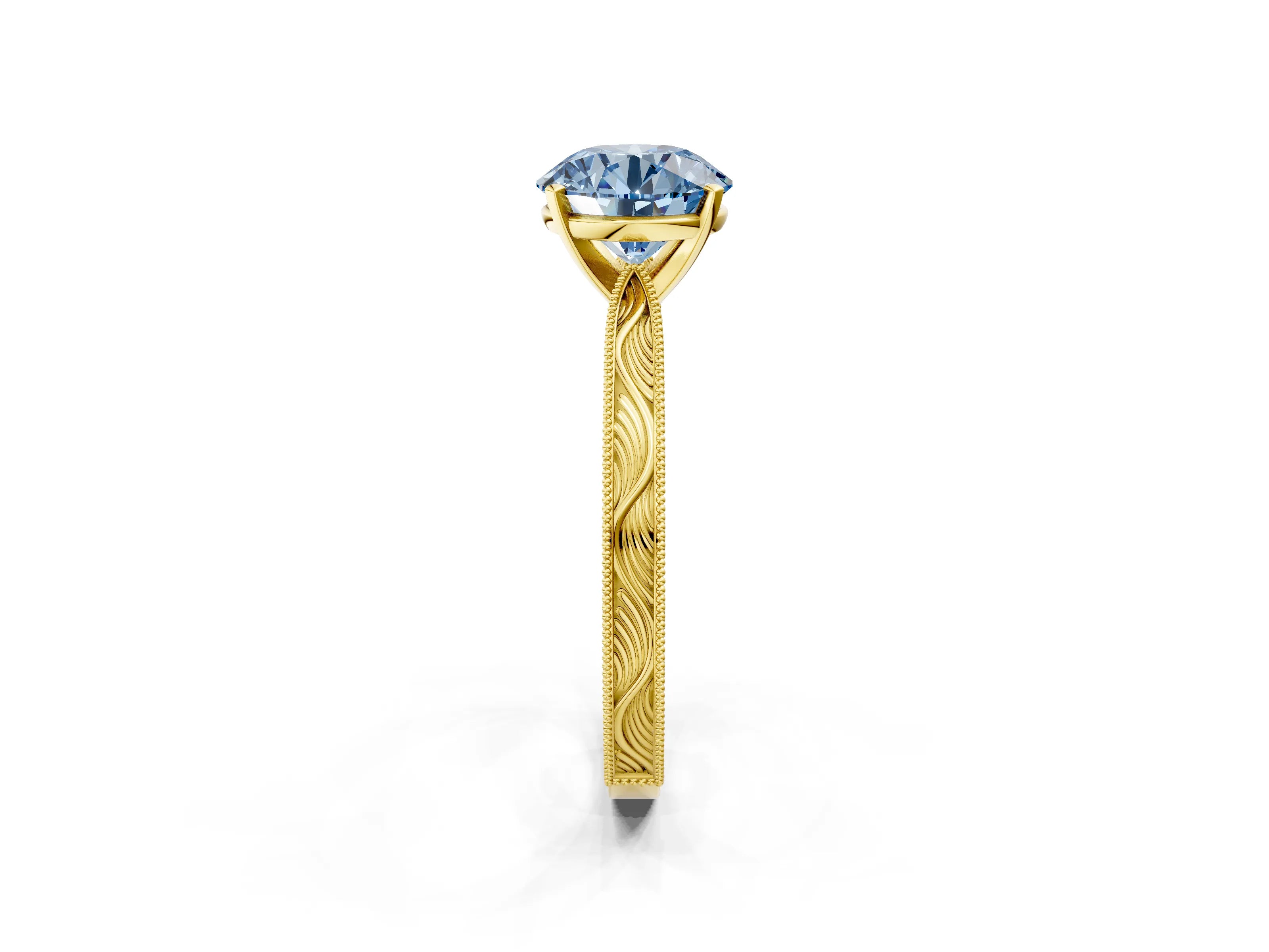 Yellow gold Fancy Blue Round Cut Solitaire Milgrain Engraved Band with Four-Prong Setting_2