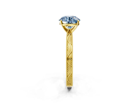 Yellow gold Fancy Blue Round Cut Solitaire Milgrain Engraved Band with Four-Prong Setting_2