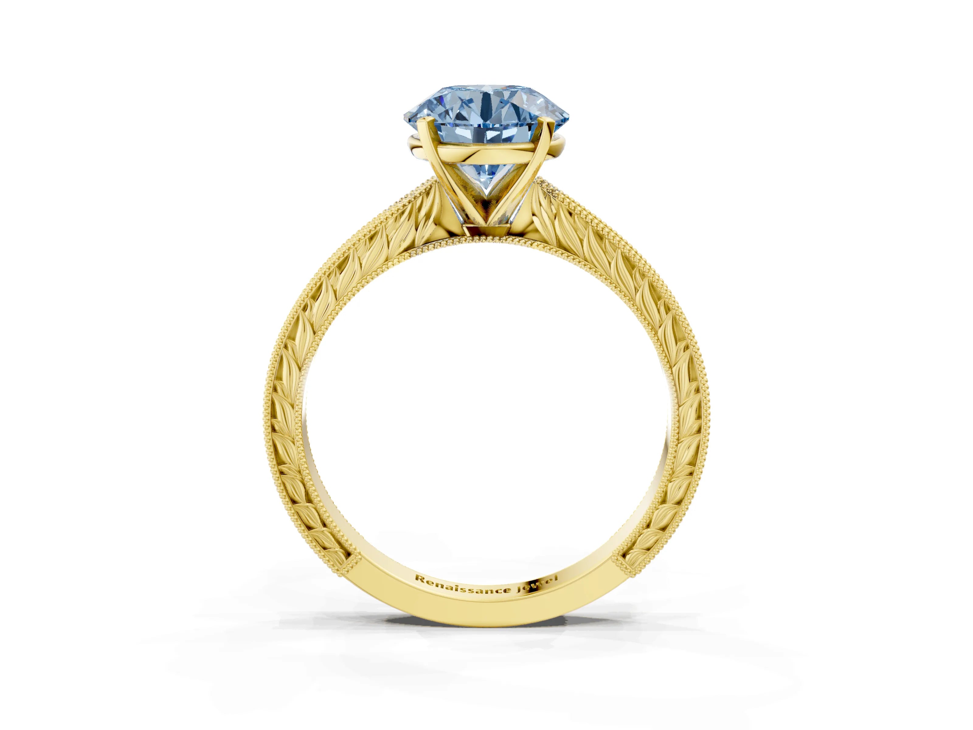 Yellow gold Fancy Blue Round Cut Solitaire Milgrain Engraved Band with Four-Prong Setting_3