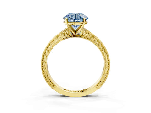 Yellow gold Fancy Blue Round Cut Solitaire Milgrain Engraved Band with Four-Prong Setting_3