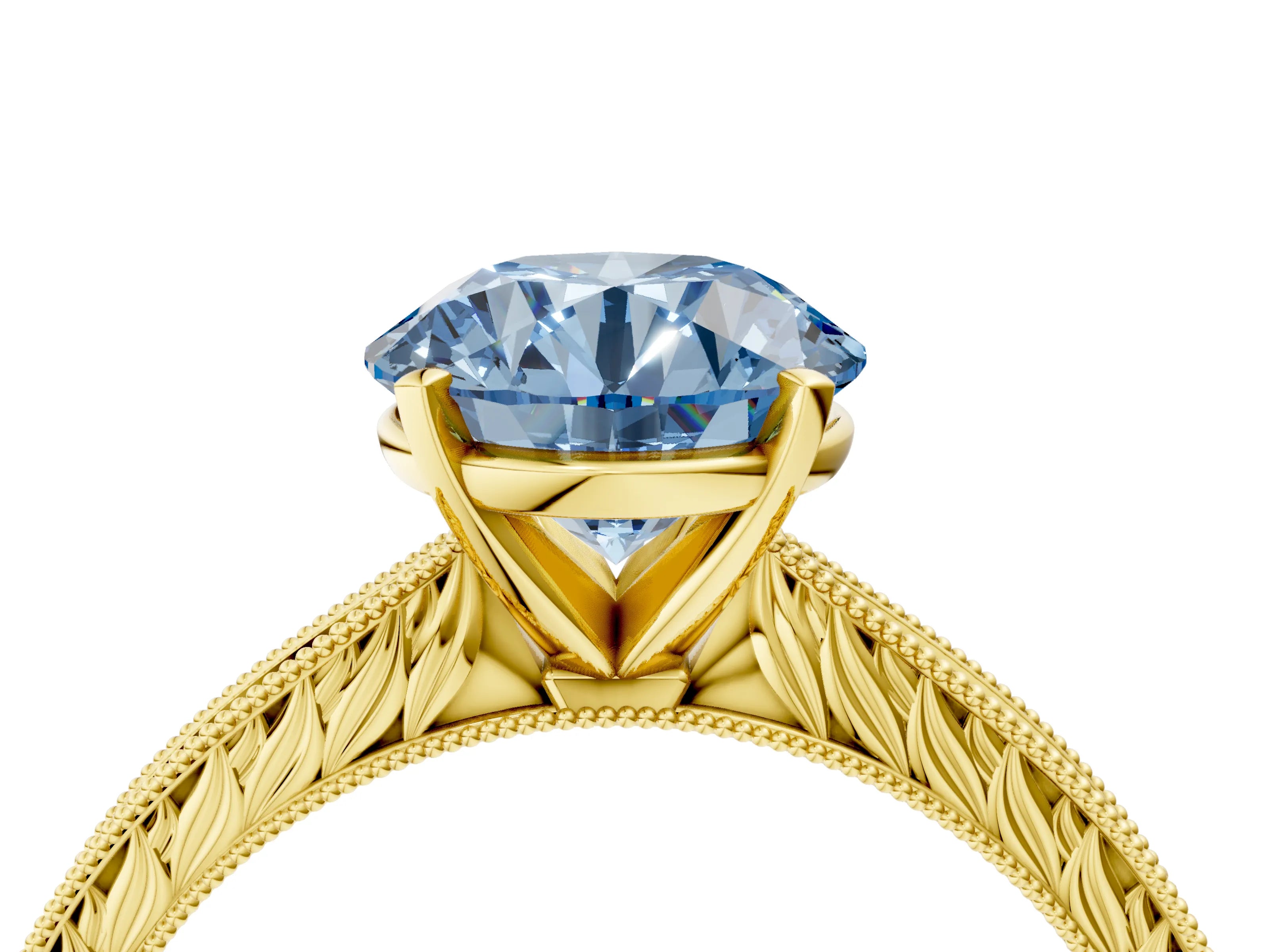 Yellow gold Fancy Blue Round Cut Solitaire Milgrain Engraved Band with Four-Prong Setting_4