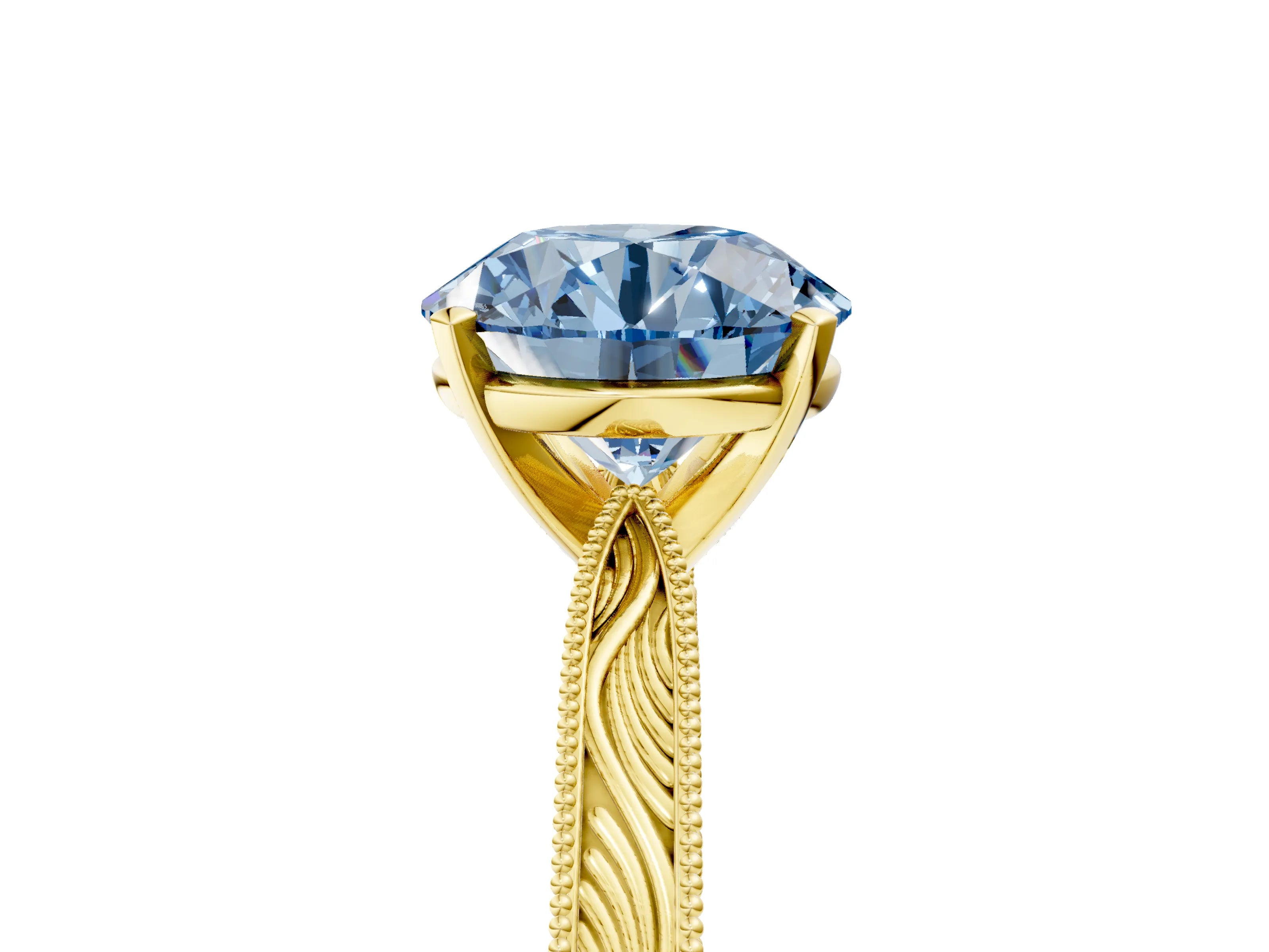 Yellow gold Fancy Blue Round Cut Solitaire Milgrain Engraved Band with Four-Prong Setting_5