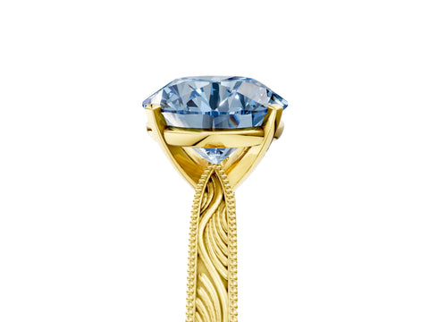 Yellow gold Fancy Blue Round Cut Solitaire Milgrain Engraved Band with Four-Prong Setting_5