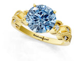 Yellow gold Fancy Blue Round Cut Solitaire Milgrain Leaf Band with Prong Setting_1