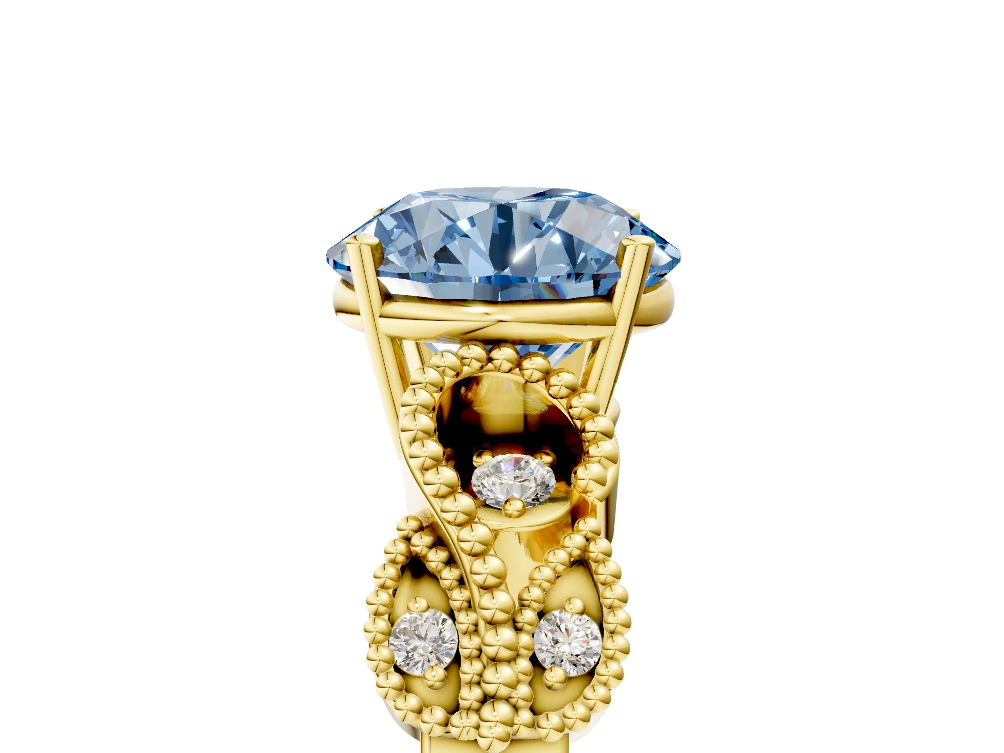 Yellow gold Fancy Blue Round Cut Solitaire Milgrain Leaf Band with Prong Setting_5