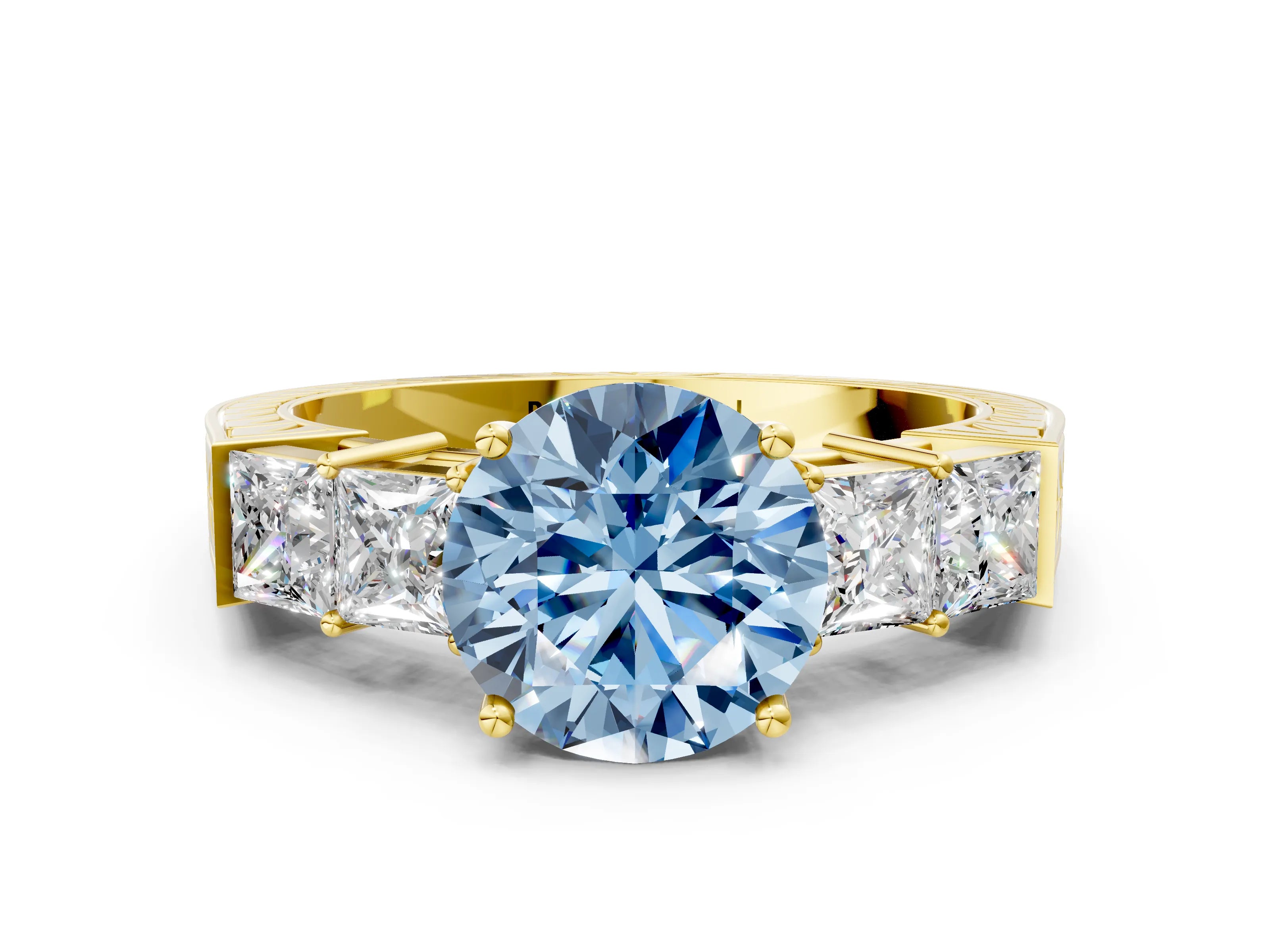 Yellow gold Fancy Blue Round Cut Solitaire Princess Side Stone Engraved Band Prong Setting Ring