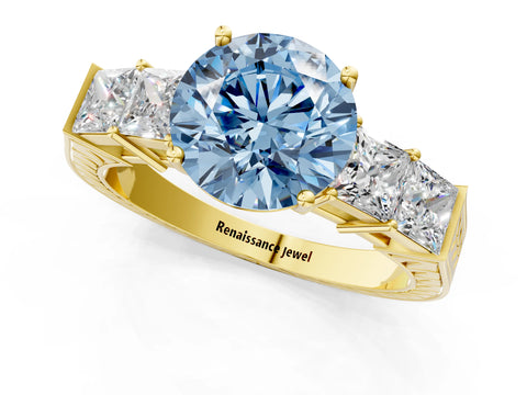 Yellow gold Fancy Blue Round Cut Solitaire Princess Side Stone Engraved Band Prong Setting Ring_1
