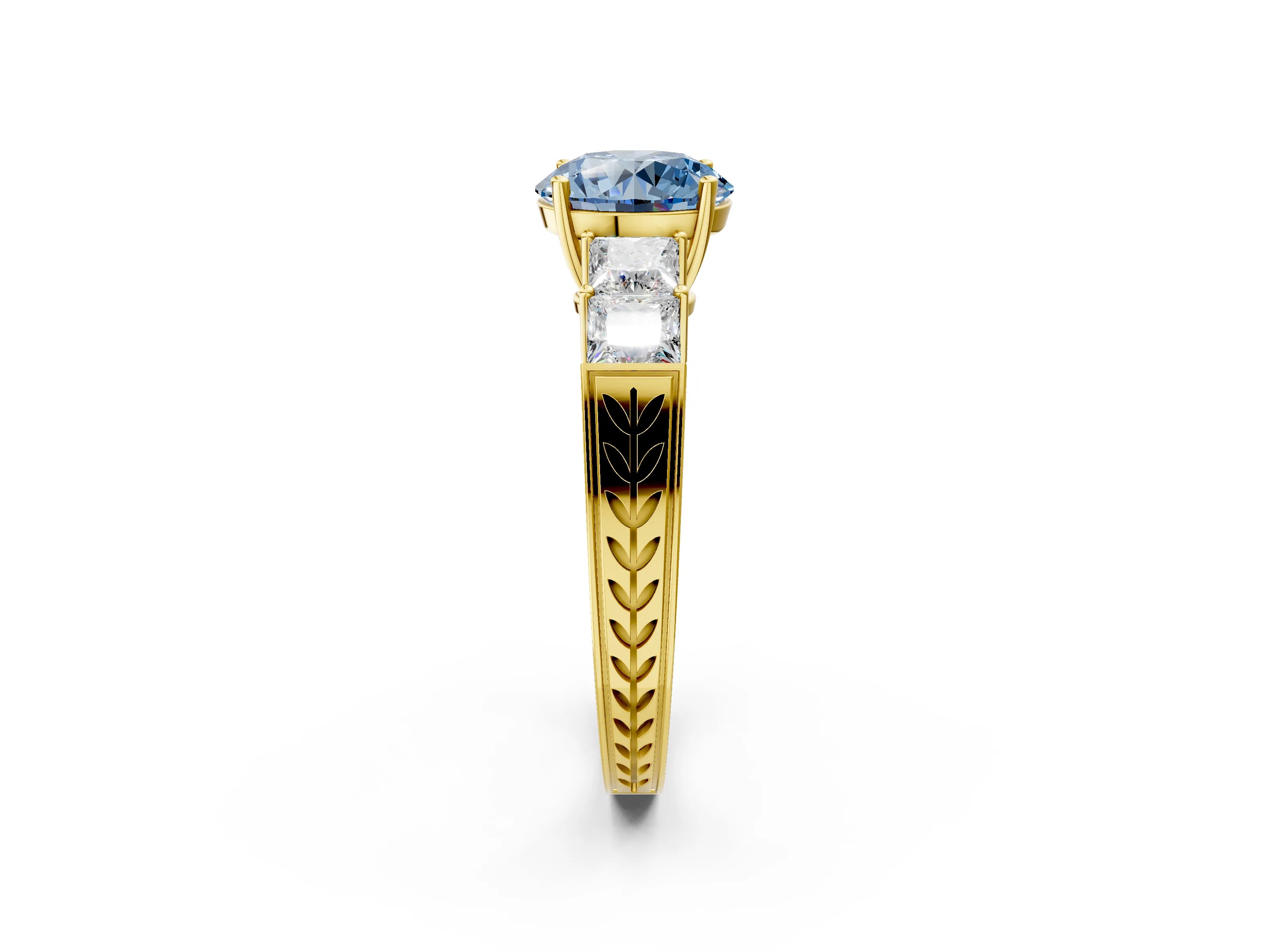 Yellow gold Fancy Blue Round Cut Solitaire Princess Side Stone Engraved Band Prong Setting Ring_2