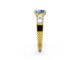 Yellow gold Fancy Blue Round Cut Solitaire Princess Side Stone Engraved Band Prong Setting Ring_2
