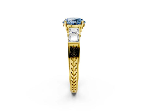 Yellow gold Fancy Blue Round Cut Solitaire Princess Side Stone Engraved Band Prong Setting Ring_2