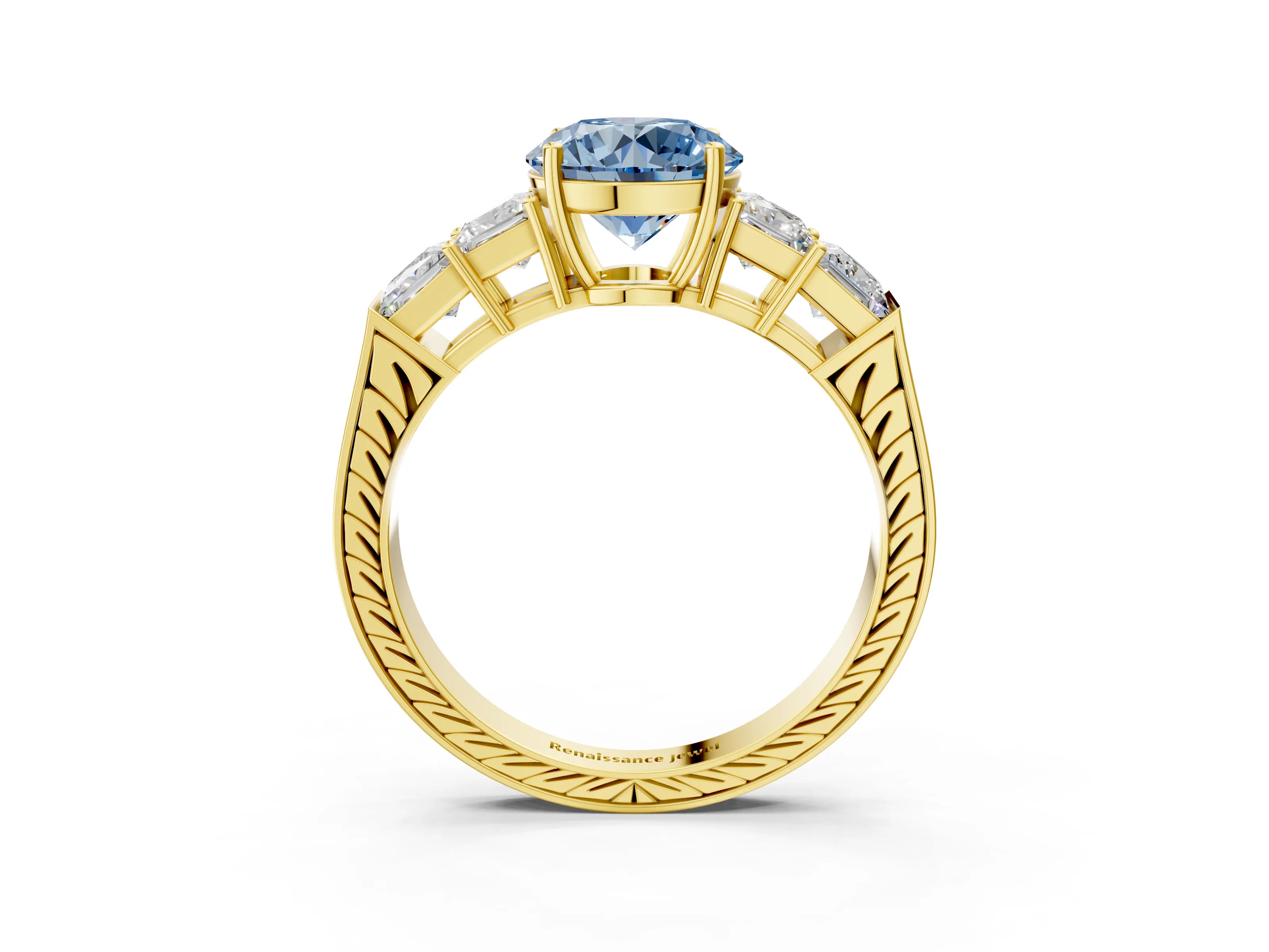 Yellow gold Fancy Blue Round Cut Solitaire Princess Side Stone Engraved Band Prong Setting Ring_3