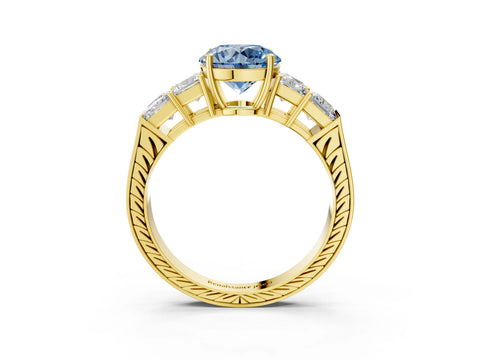 Yellow gold Fancy Blue Round Cut Solitaire Princess Side Stone Engraved Band Prong Setting Ring_3
