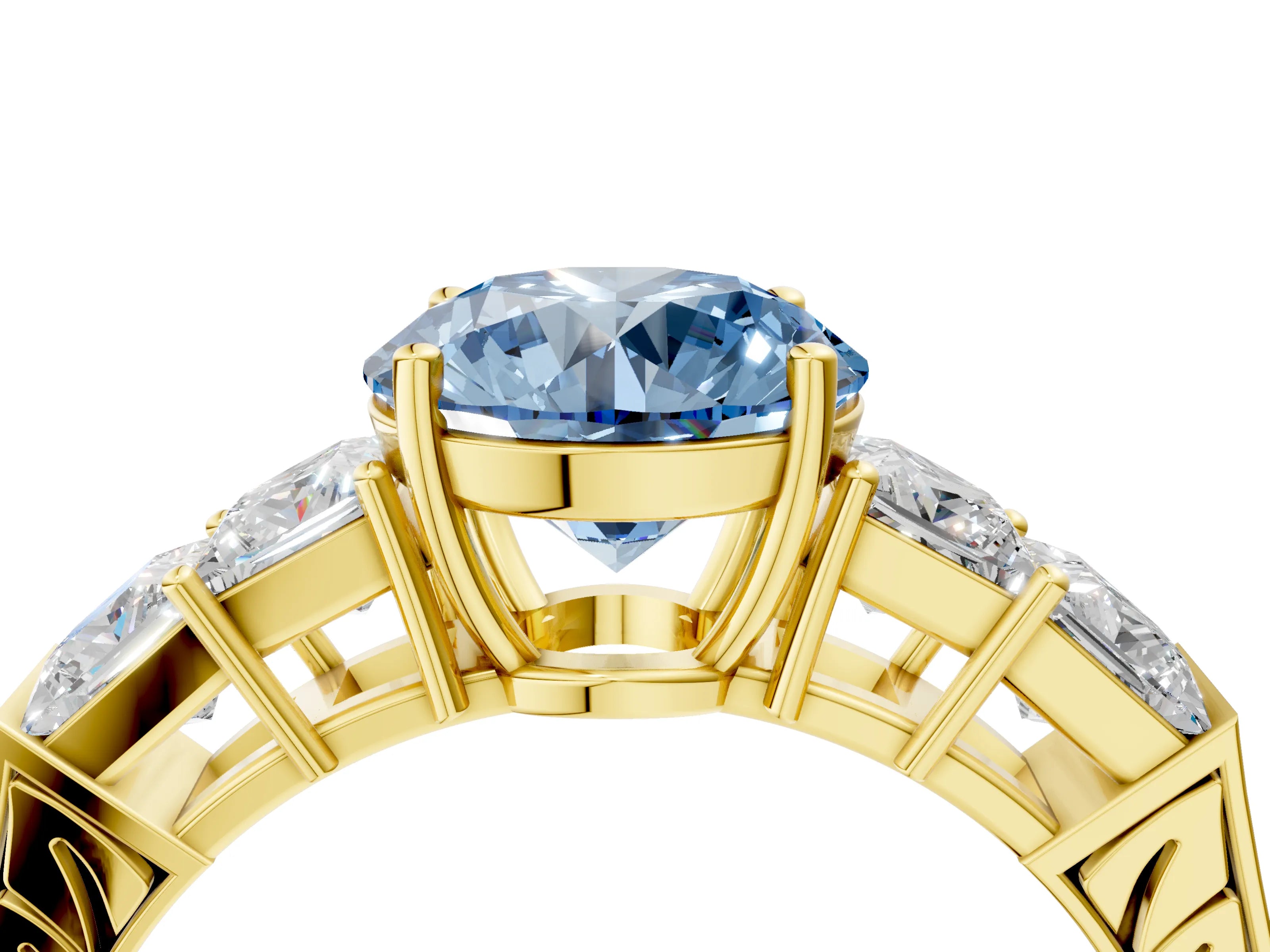 Yellow gold Fancy Blue Round Cut Solitaire Princess Side Stone Engraved Band Prong Setting Ring_4