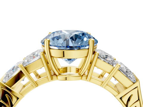 Yellow gold Fancy Blue Round Cut Solitaire Princess Side Stone Engraved Band Prong Setting Ring_4