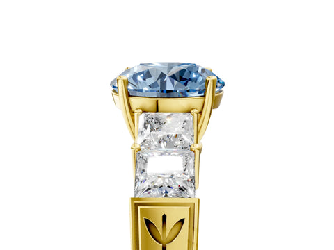 Yellow gold Fancy Blue Round Cut Solitaire Princess Side Stone Engraved Band Prong Setting Ring_5