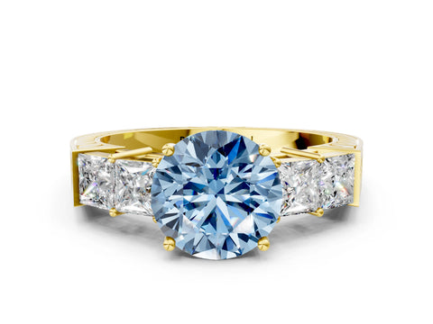 Yellow gold Fancy Blue Round Cut Solitaire Princess Side Stone Engraved Band Prong Setting Ring