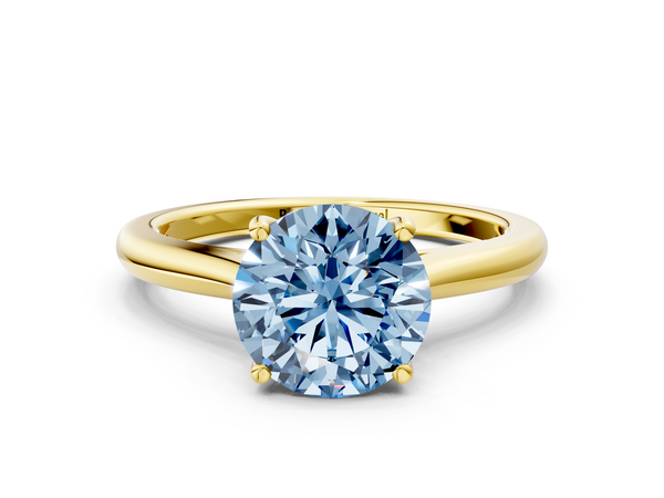 Yellow gold Fancy Blue Round  Cut Solitaire Ring with Cathedral Band and Four-Prong Setting