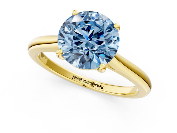 Yellow gold Fancy Blue Round  Cut Solitaire Ring with Cathedral Band and Four-Prong Setting