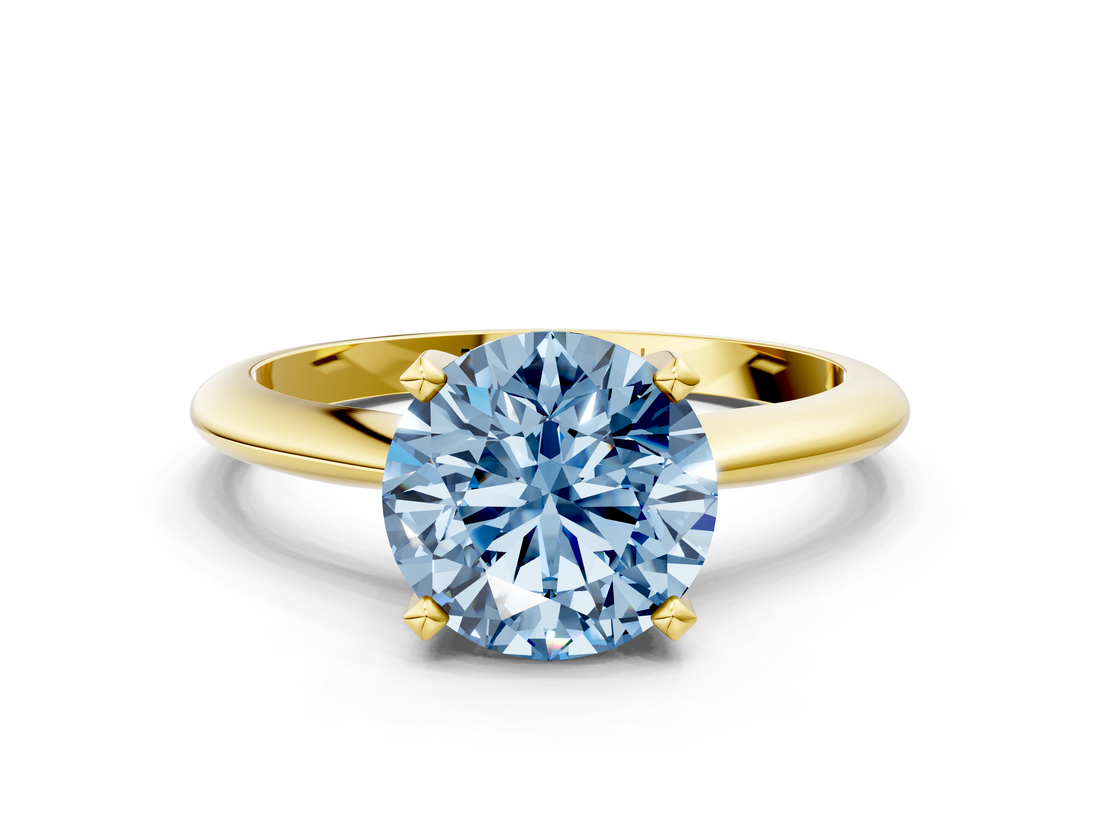 Yellow gold Fancy Blue Round  Cut Solitaire Ring with Four-Prong Setting on a Classic Band_28