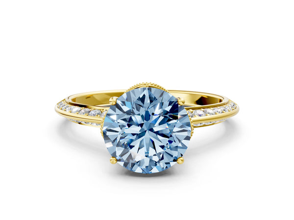 Yellow gold Fancy Blue Round Cut Solitaire Split Shank Pave Diamond Engagement Ring with Four-Prong Setting