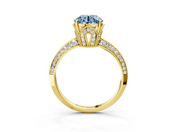 Yellow gold Fancy Blue Round Cut Solitaire Split Shank Pave Diamond Engagement Ring with Four-Prong Setting