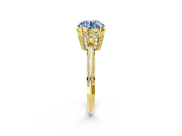 Yellow Gold Round Graduated Pave Engagement Ring Setting for Fancy Blue Center