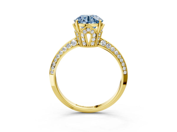 Yellow Gold Round Graduated Pave Engagement Ring Setting for Fancy Blue Center