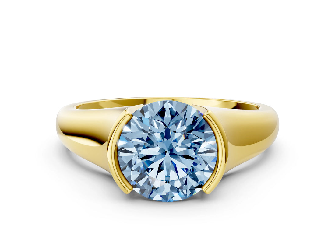 Yellow gold Fancy Blue Round Cut Solitaire Tension Set Diamond Ring with Split Shank Band