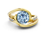 Yellow gold Fancy Blue Round Cut Solitaire Tension-Set Diamond Split Shank Ring