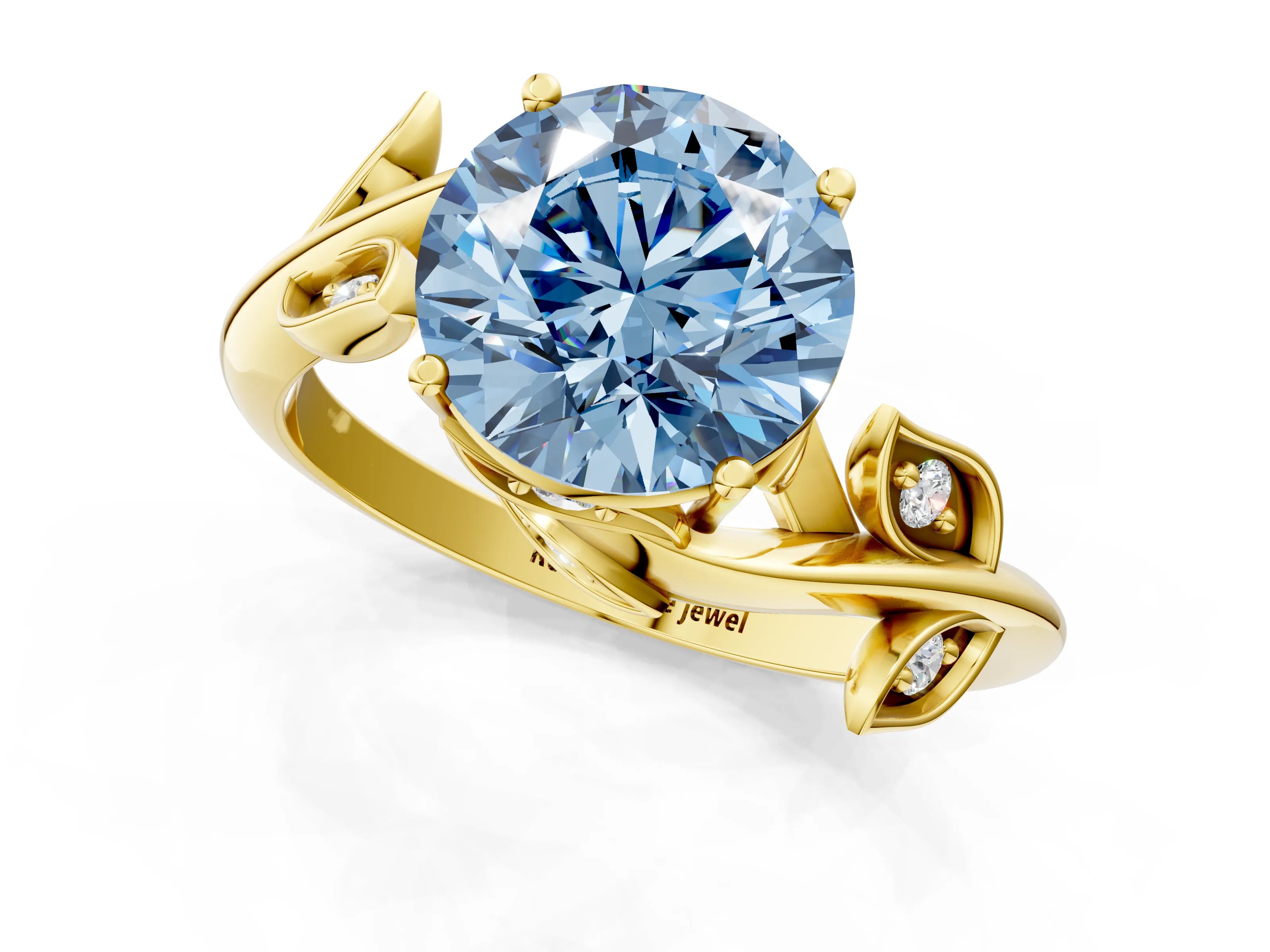 Yellow gold Fancy Blue Round Cut Solitaire Twist Engagement Ring with Leaf Accents and Prong Setting_1