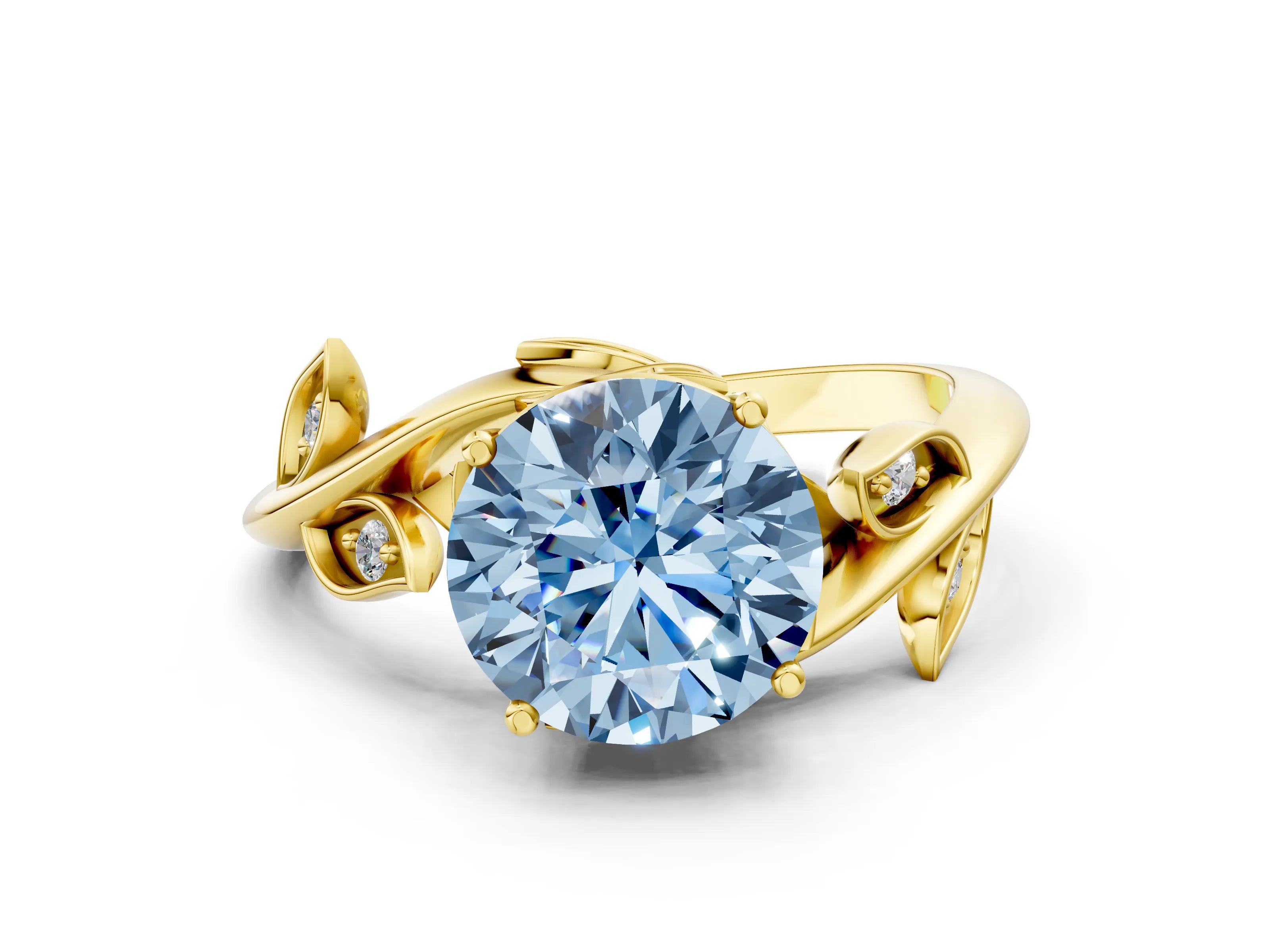 Yellow gold Fancy Blue Round Cut Solitaire Twist Engagement Ring with Leaf Accents and Prong Setting_12