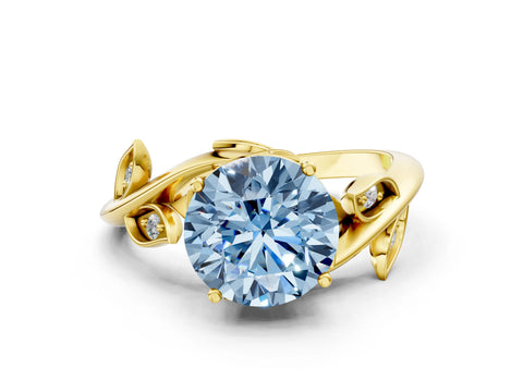 Yellow gold Fancy Blue Round Cut Solitaire Twist Engagement Ring with Leaf Accents and Prong Setting_12