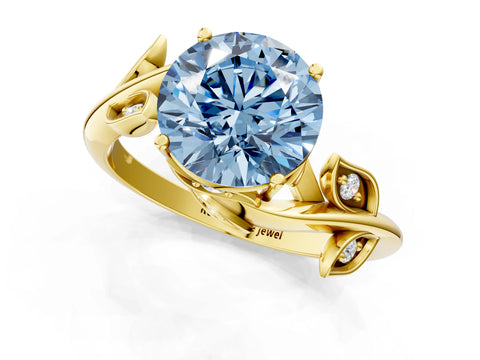 Yellow gold Fancy Blue Round Cut Solitaire Twist Engagement Ring with Leaf Accents and Prong Setting_13