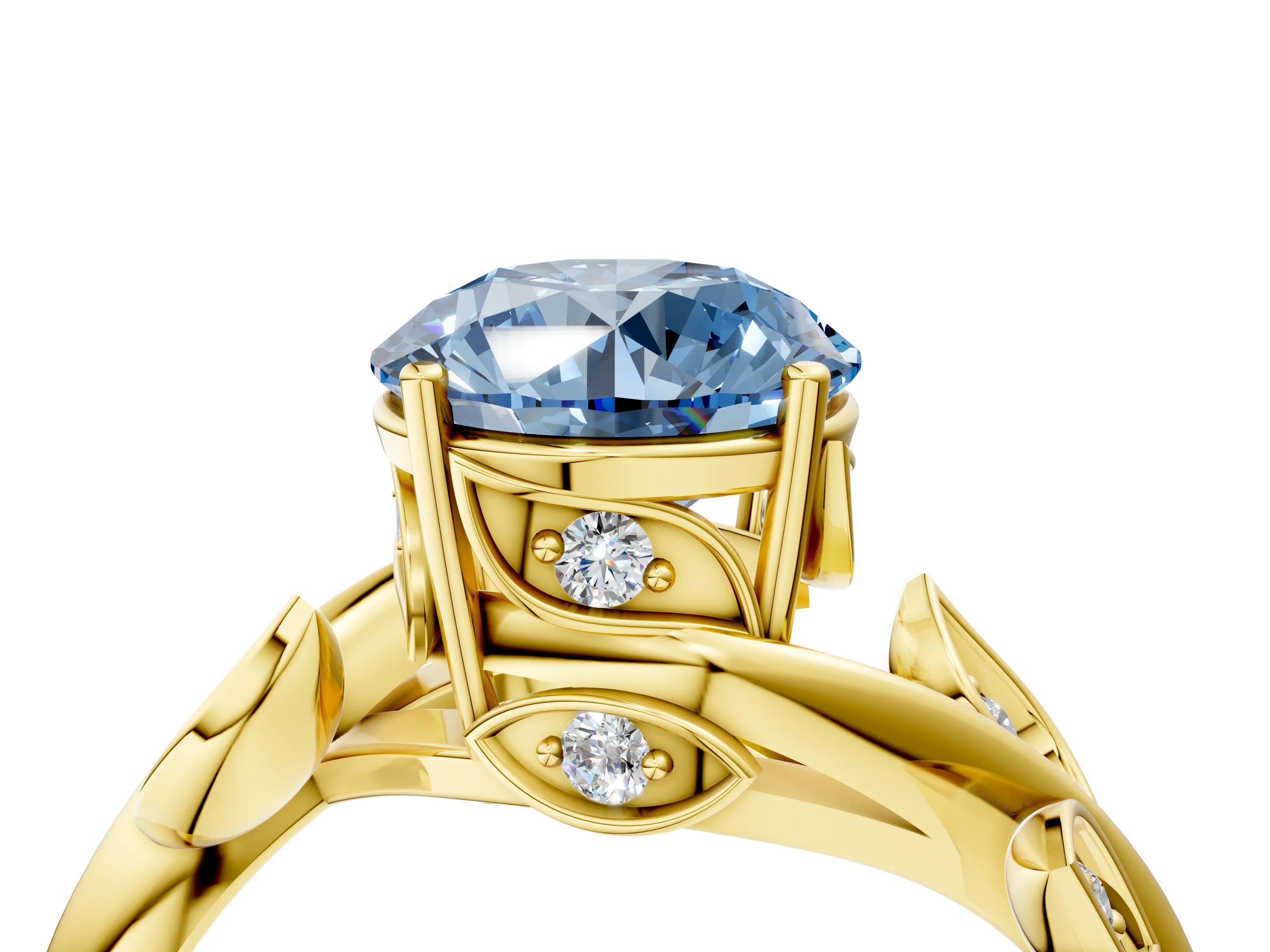 Yellow gold Fancy Blue Round Cut Solitaire Twist Engagement Ring with Leaf Accents and Prong Setting_16