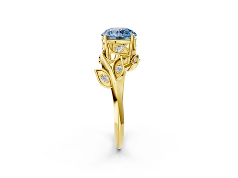 Yellow gold Fancy Blue Round Cut Solitaire Twist Engagement Ring with Leaf Accents and Prong Setting_2