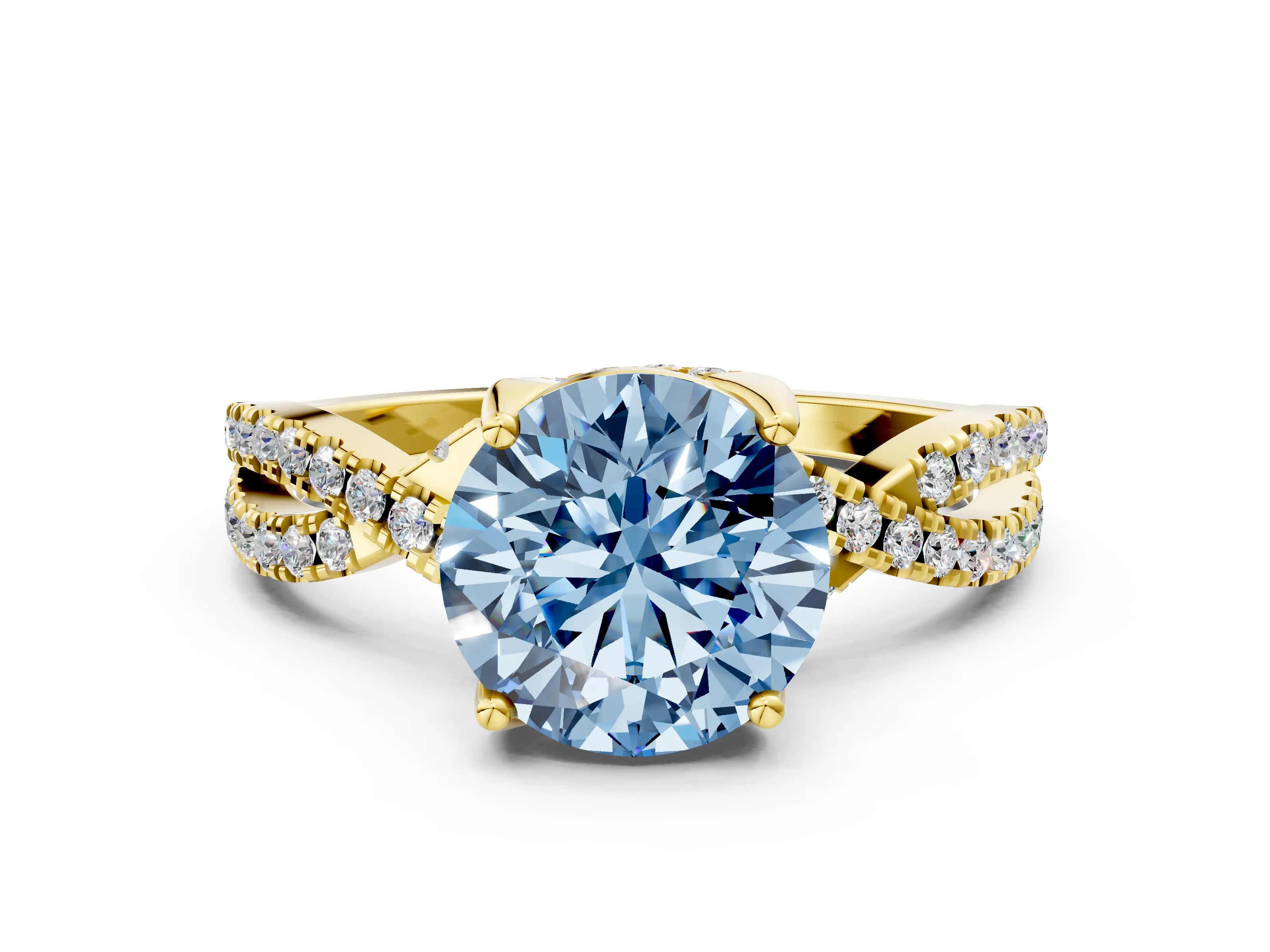 Yellow gold Fancy Blue Round Cut Solitaire Twist Pave Diamond Engagement Ring with Prong Setting