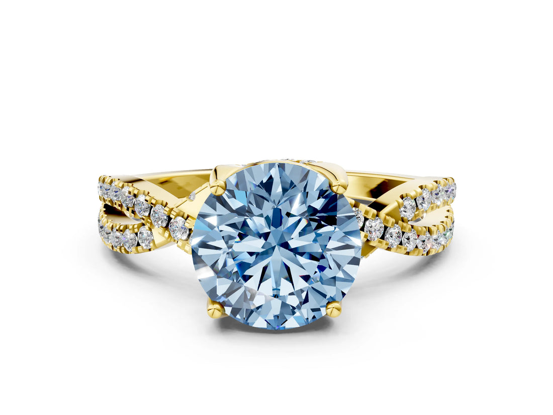 Yellow gold Fancy Blue Round Cut Solitaire Twist Pave Diamond Engagement Ring with Prong Setting