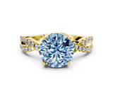 Yellow gold Fancy Blue Round Cut Solitaire Twist Pave Diamond Engagement Ring with Prong Setting