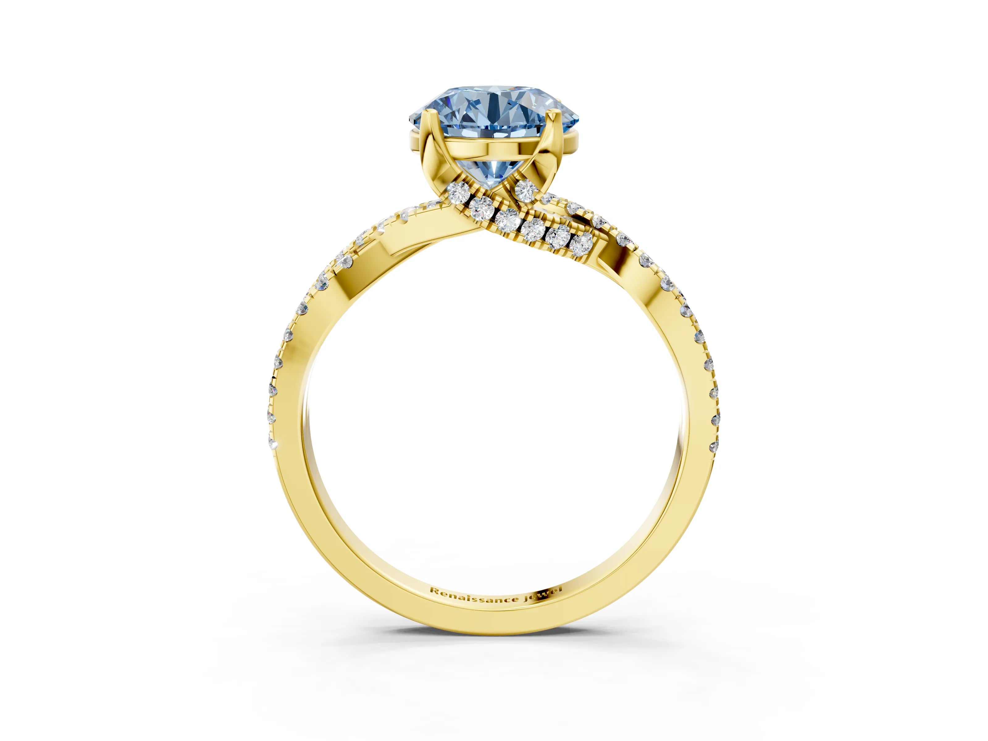 Yellow gold Fancy Blue Round Cut Solitaire Twist Pave Diamond Engagement Ring with Prong Setting_3