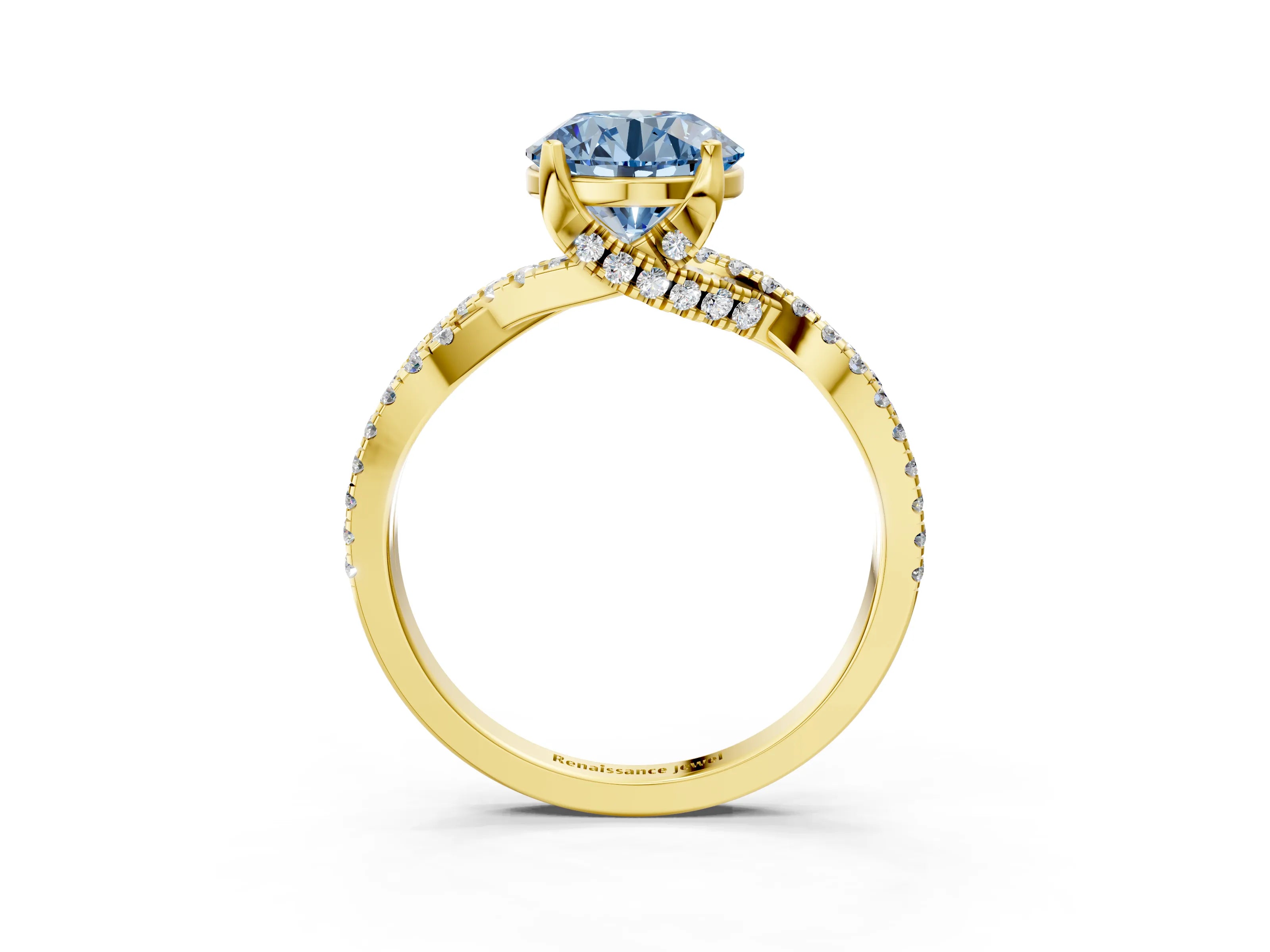 Yellow gold Fancy Blue Round Cut Solitaire Twist Pave Diamond Engagement Ring with Prong Setting_39
