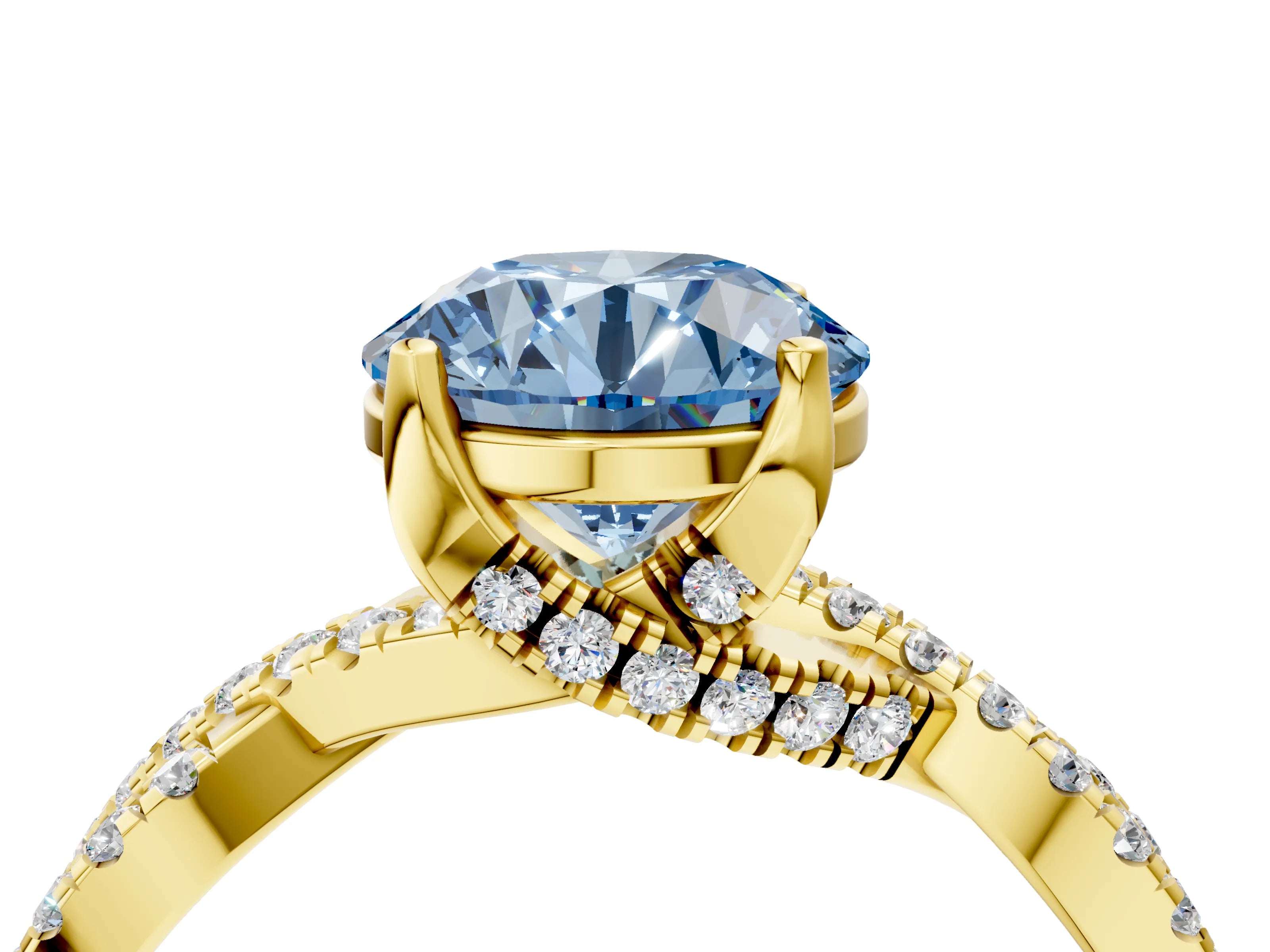 Yellow gold Fancy Blue Round Cut Solitaire Twist Pave Diamond Engagement Ring with Prong Setting_4