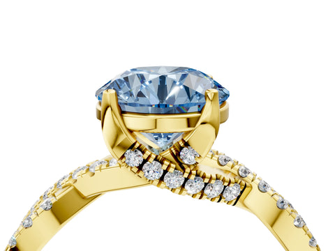 Yellow gold Fancy Blue Round Cut Solitaire Twist Pave Diamond Engagement Ring with Prong Setting_4