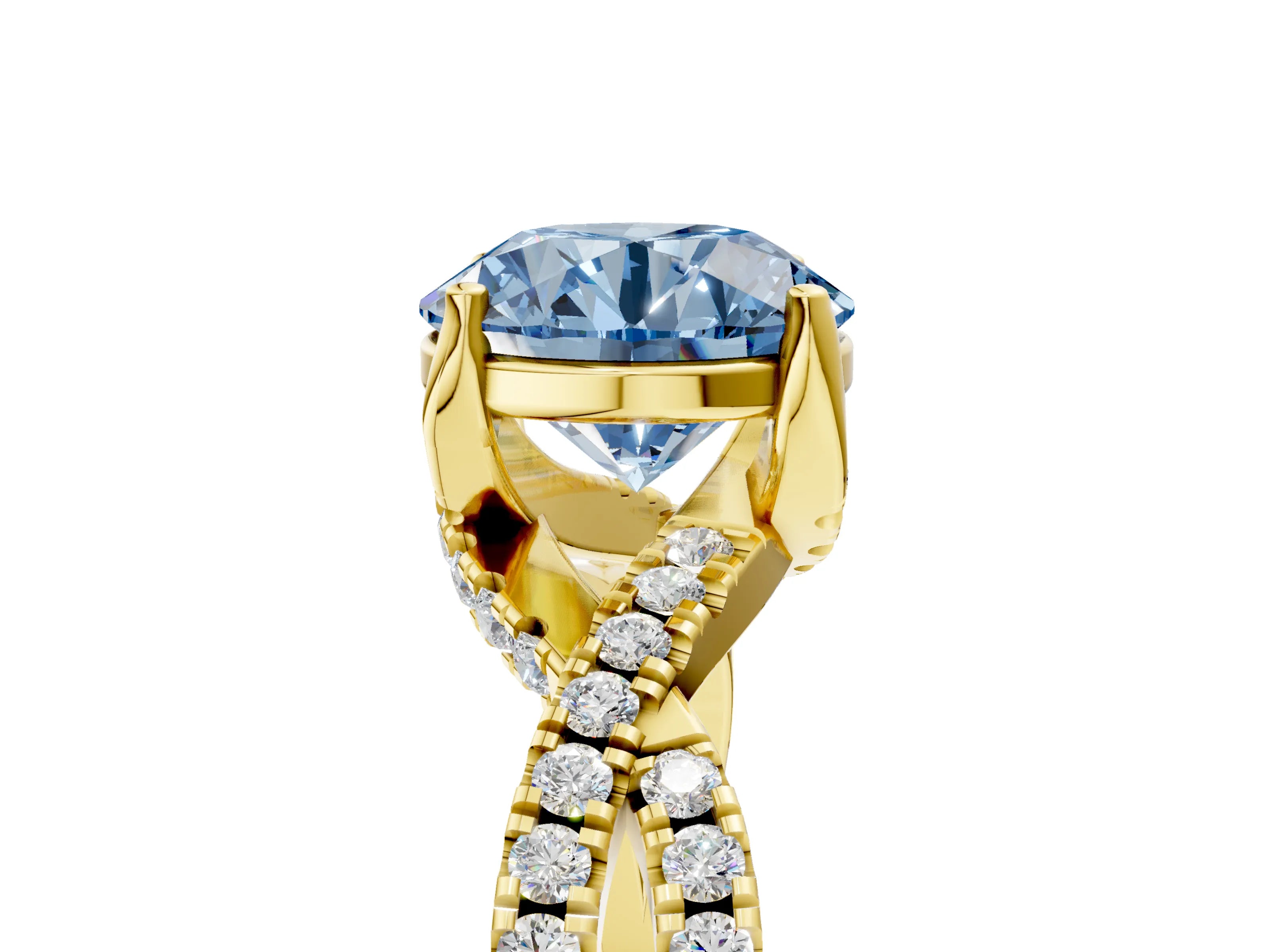 Yellow gold Fancy Blue Round Cut Solitaire Twist Pave Diamond Engagement Ring with Prong Setting_5